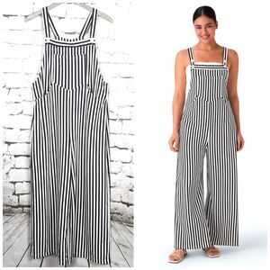 HALARA Striped Wide-Leg Jumpsuit Black White Pockets Festival Boho Large NEW